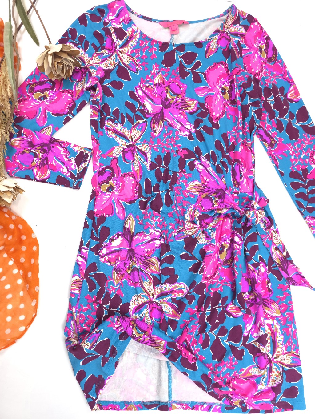 New Lilly Pullitzer Pink Burgundy Teal Floral Rouched Tie Side Dress S